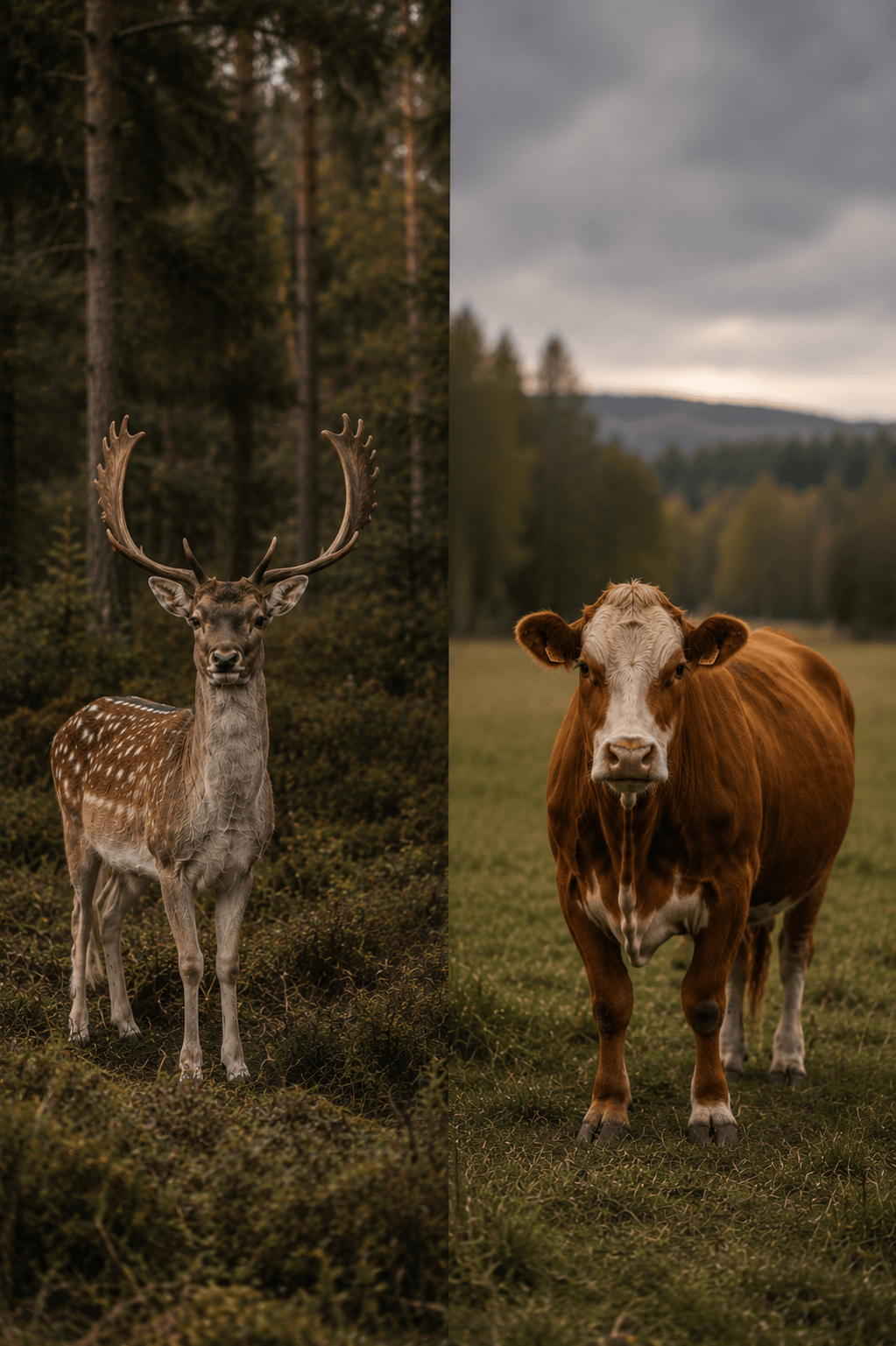 dovhjort till vänster och kossa till höger